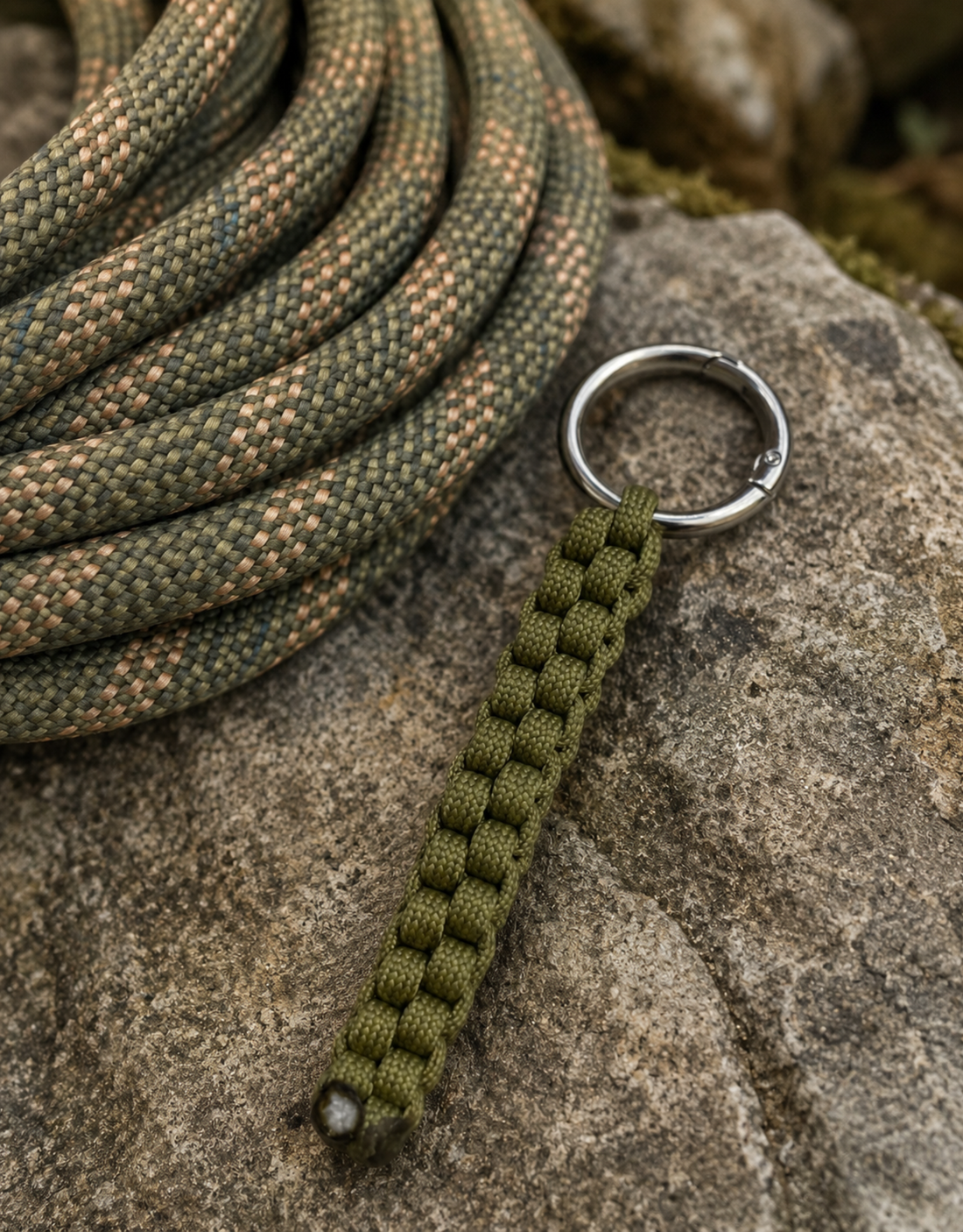 Coiled 550 paracord beside a handmade olive paracord keychain on a rock