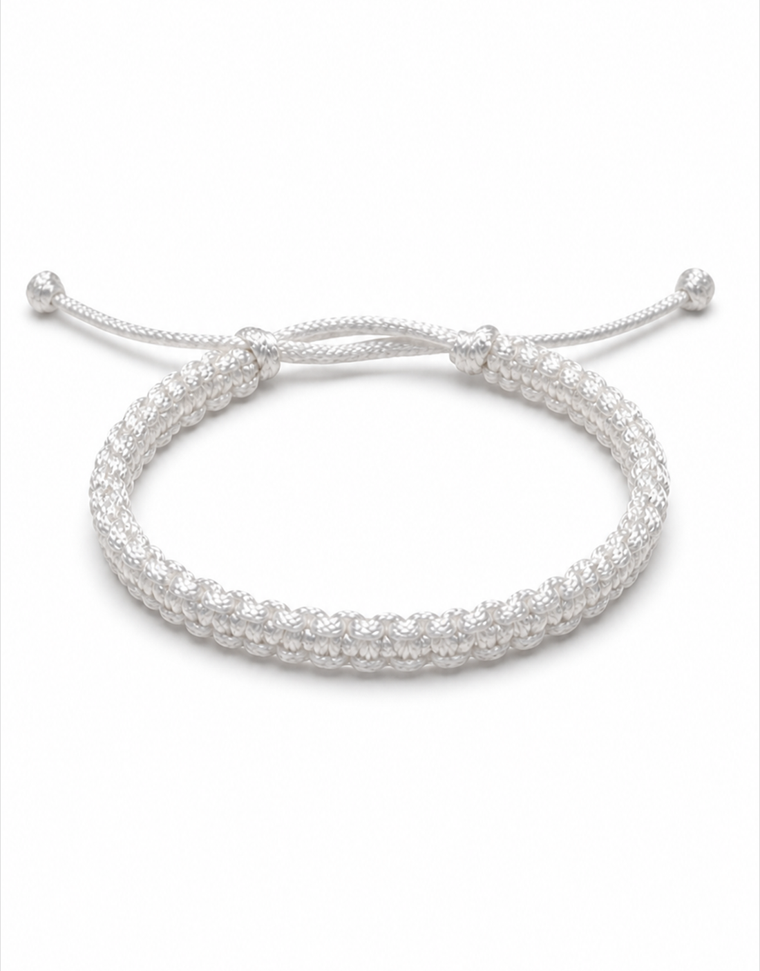 Handmade white square-knot macramé bracelet with an adjustable sliding knot