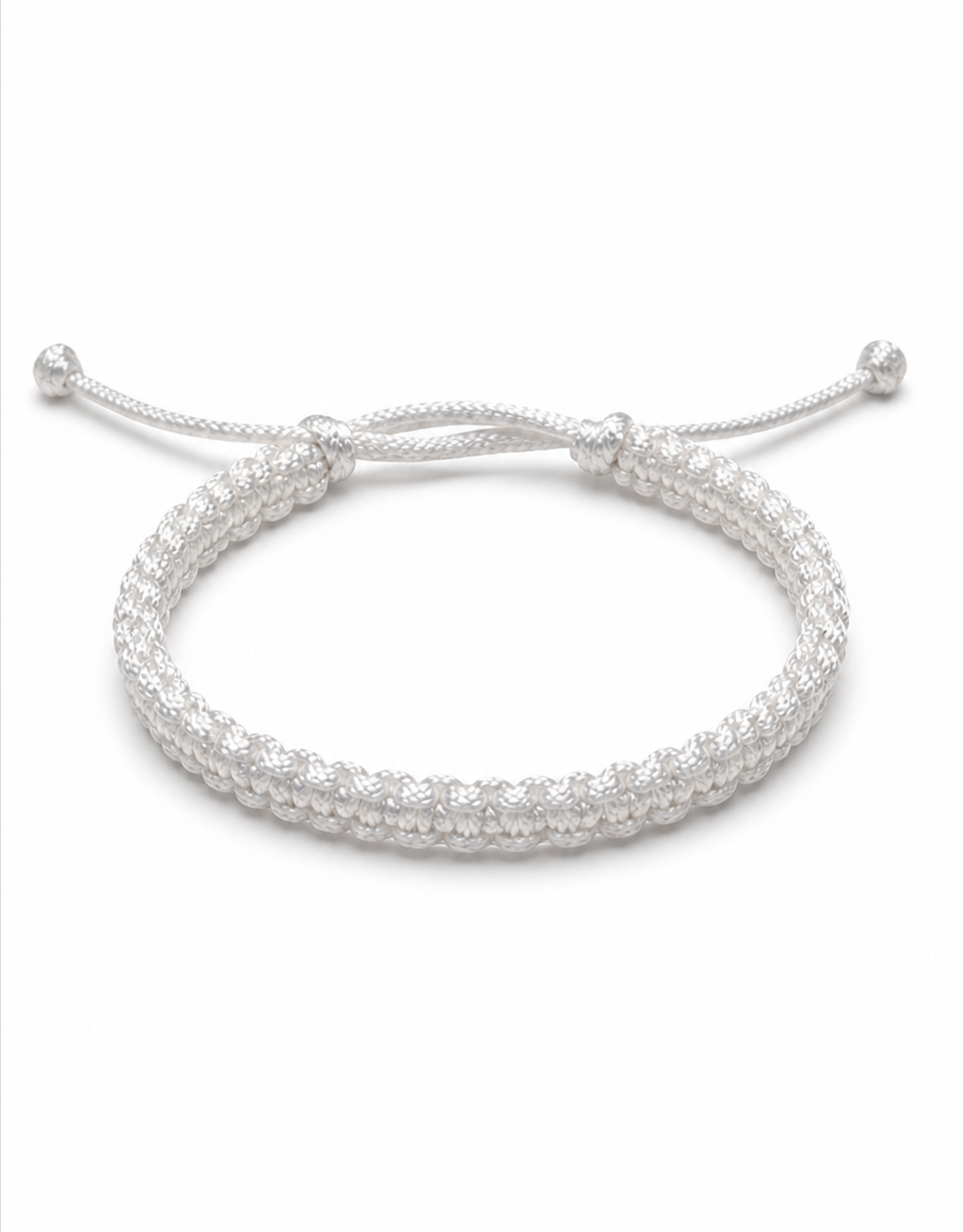 Handmade white square-knot macramé bracelet with an adjustable sliding knot