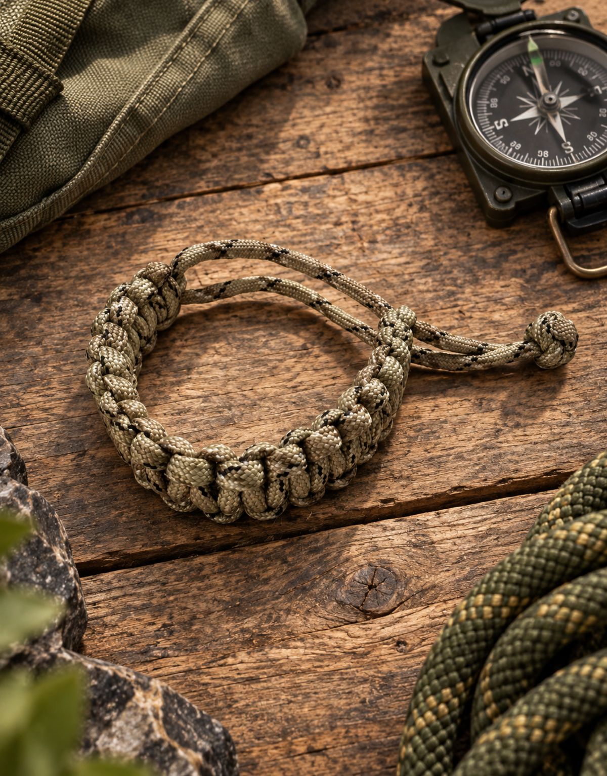 Paracord bracelet laid out with outdoor and survival gear
