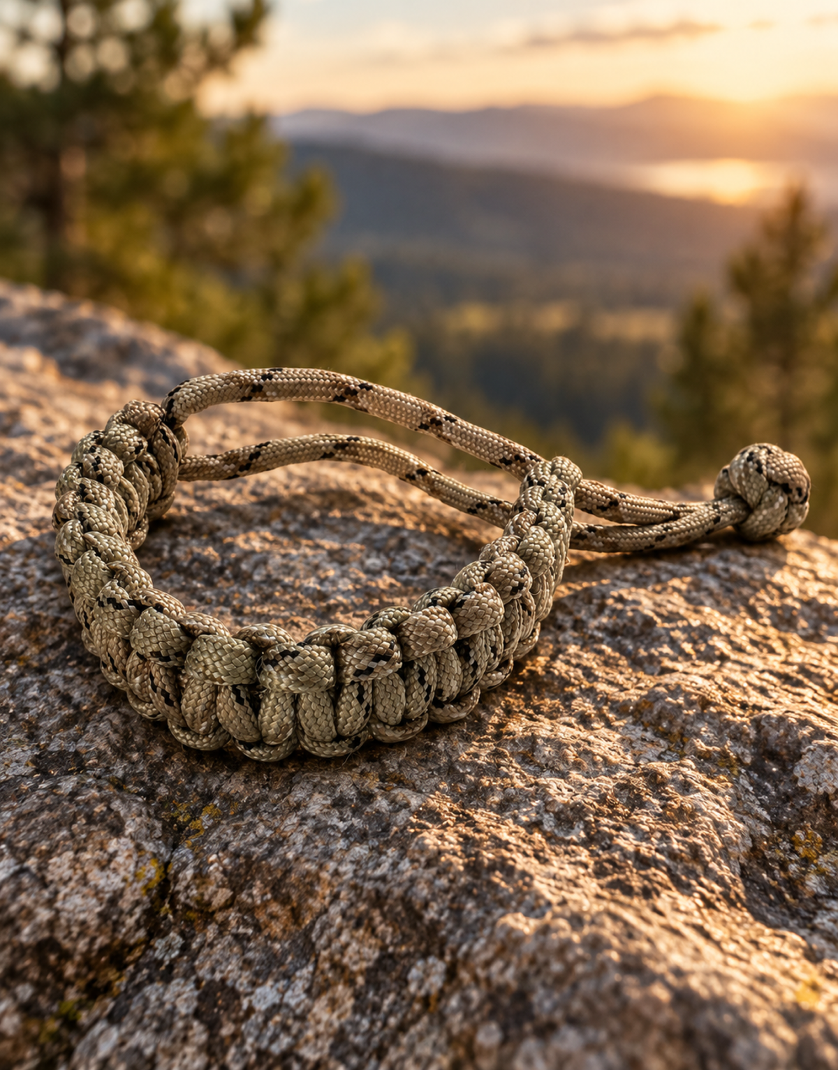 Desert camo paracord bracelet on a rock at sunset