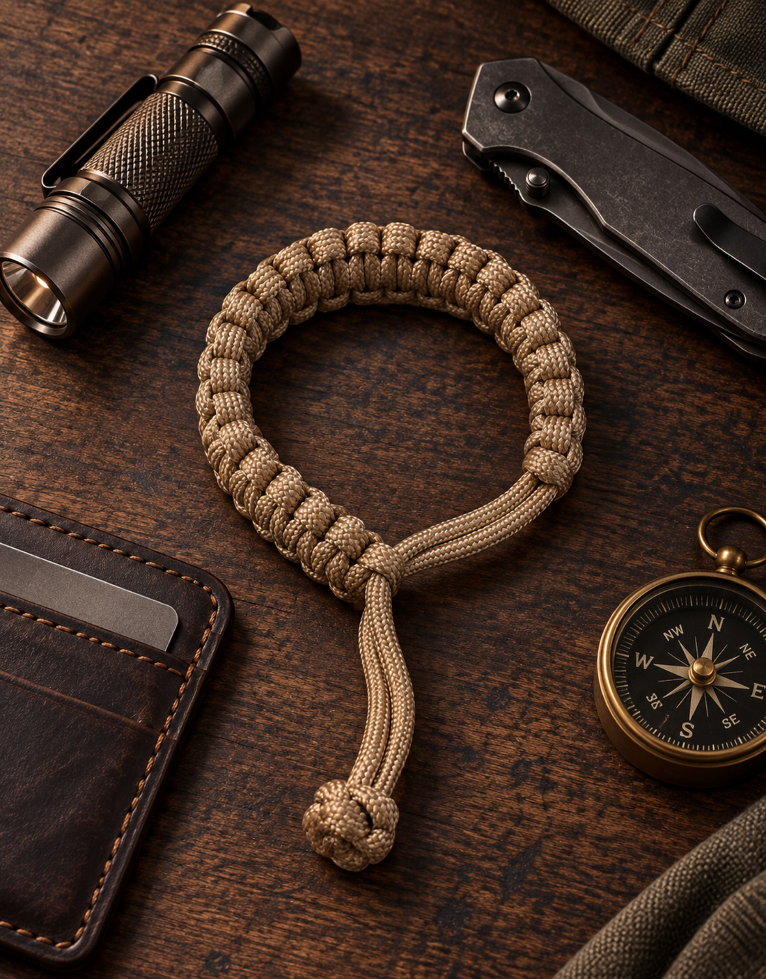 Coyote tan paracord survival bracelet with a flashlight, knife, wallet and compass