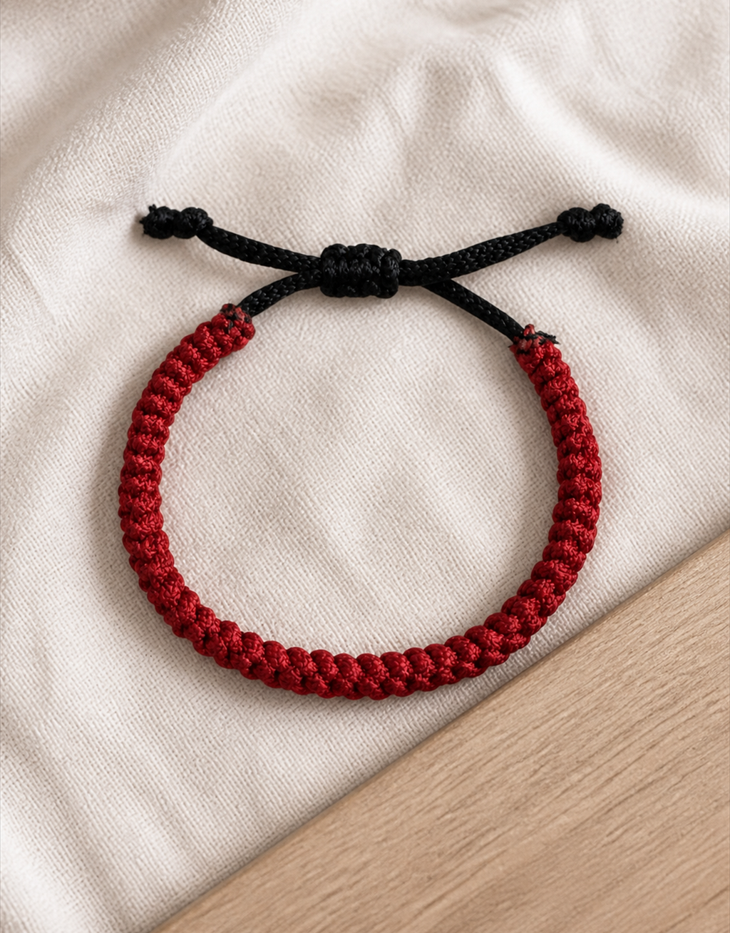 Jamr red macrame bracelet on white linen over wood