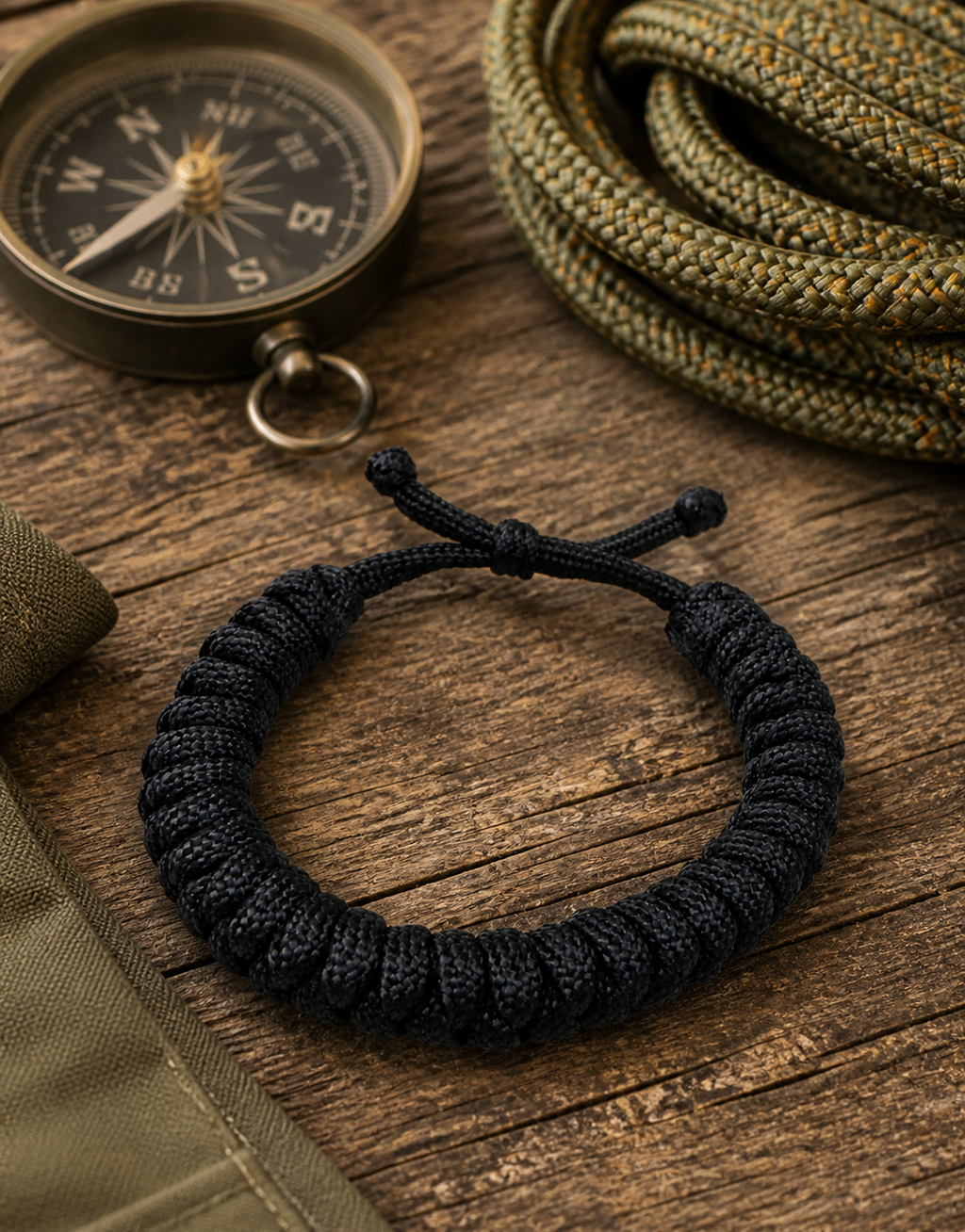 Su'ban black paracord bracelet with a compass and coiled paracord