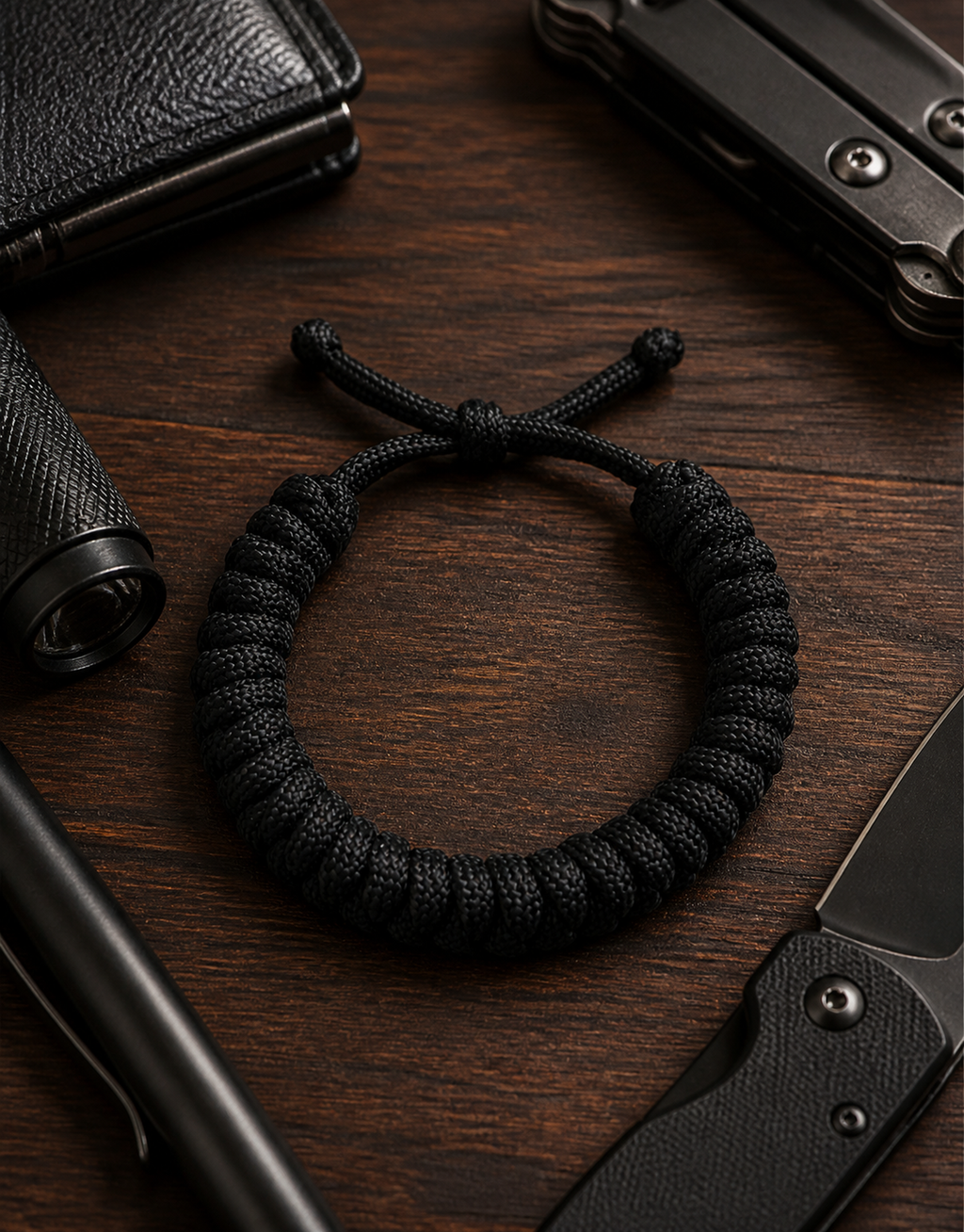 Su'ban black paracord bracelet with a knife and wallet, everyday carry