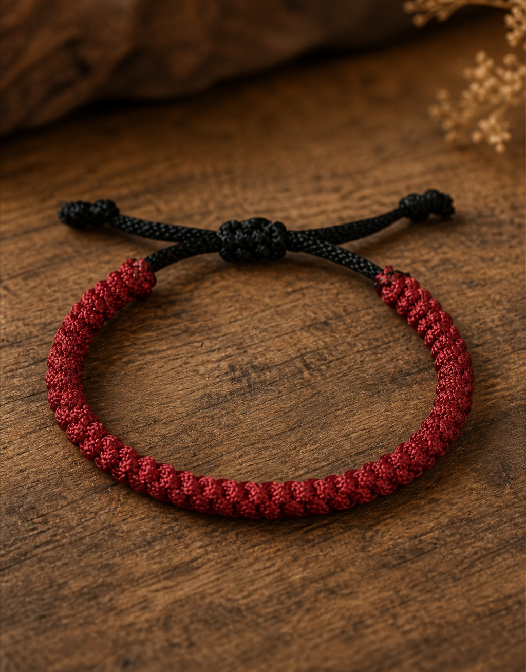 Jamr red and black macrame bracelet on dark wood