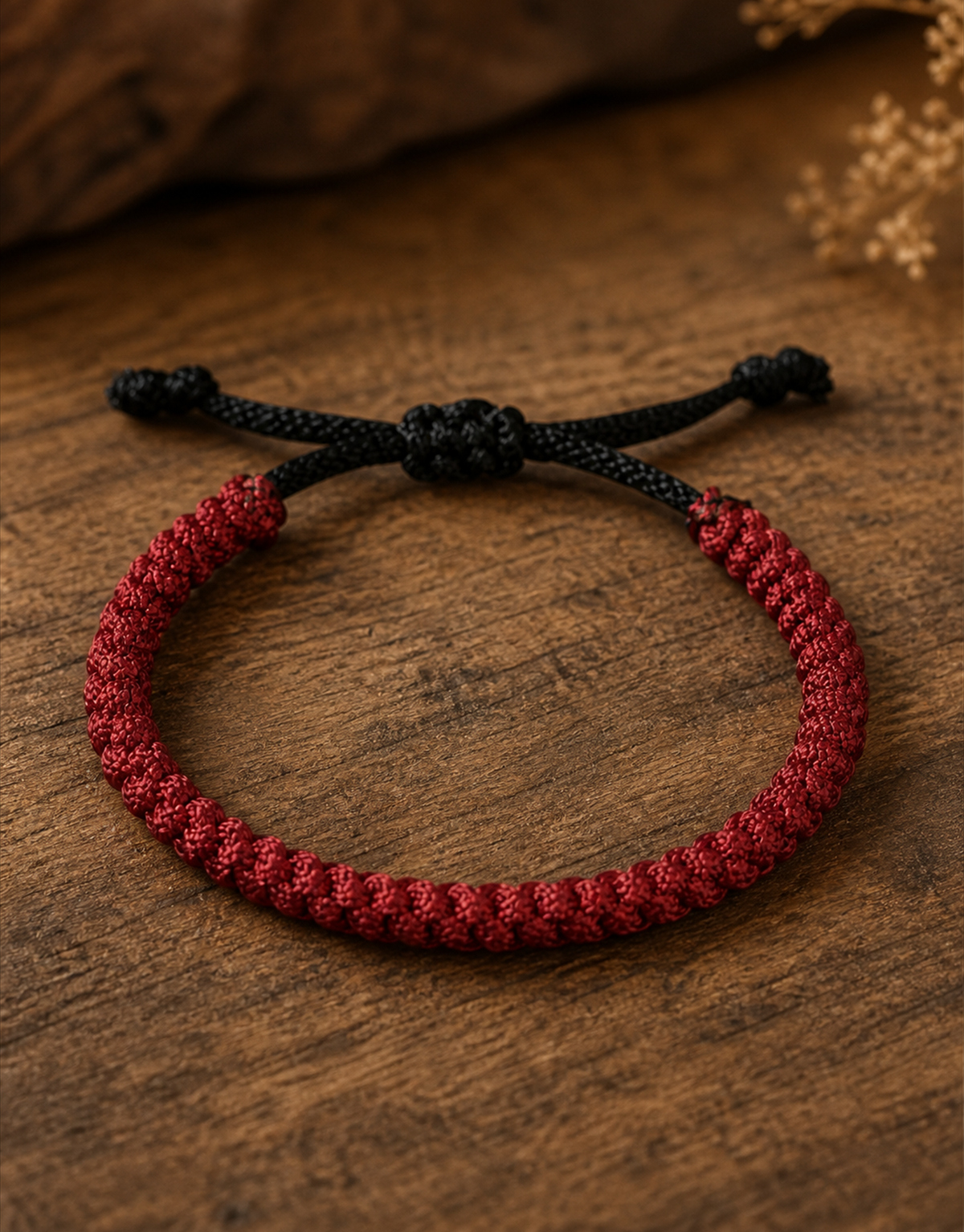 Jamr red and black macrame bracelet on dark wood