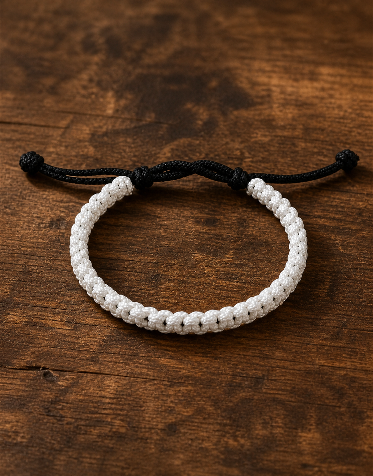 Qamar white and black macrame bracelet on dark wood