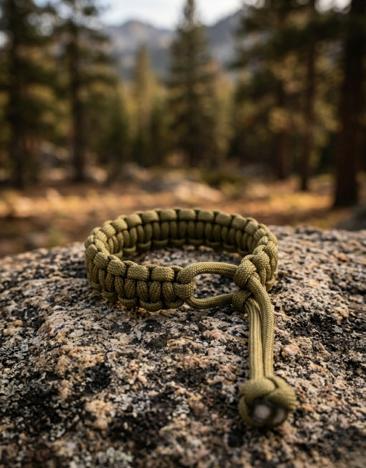 Zeytoon olive paracord bracelet on a rock in a pine forest