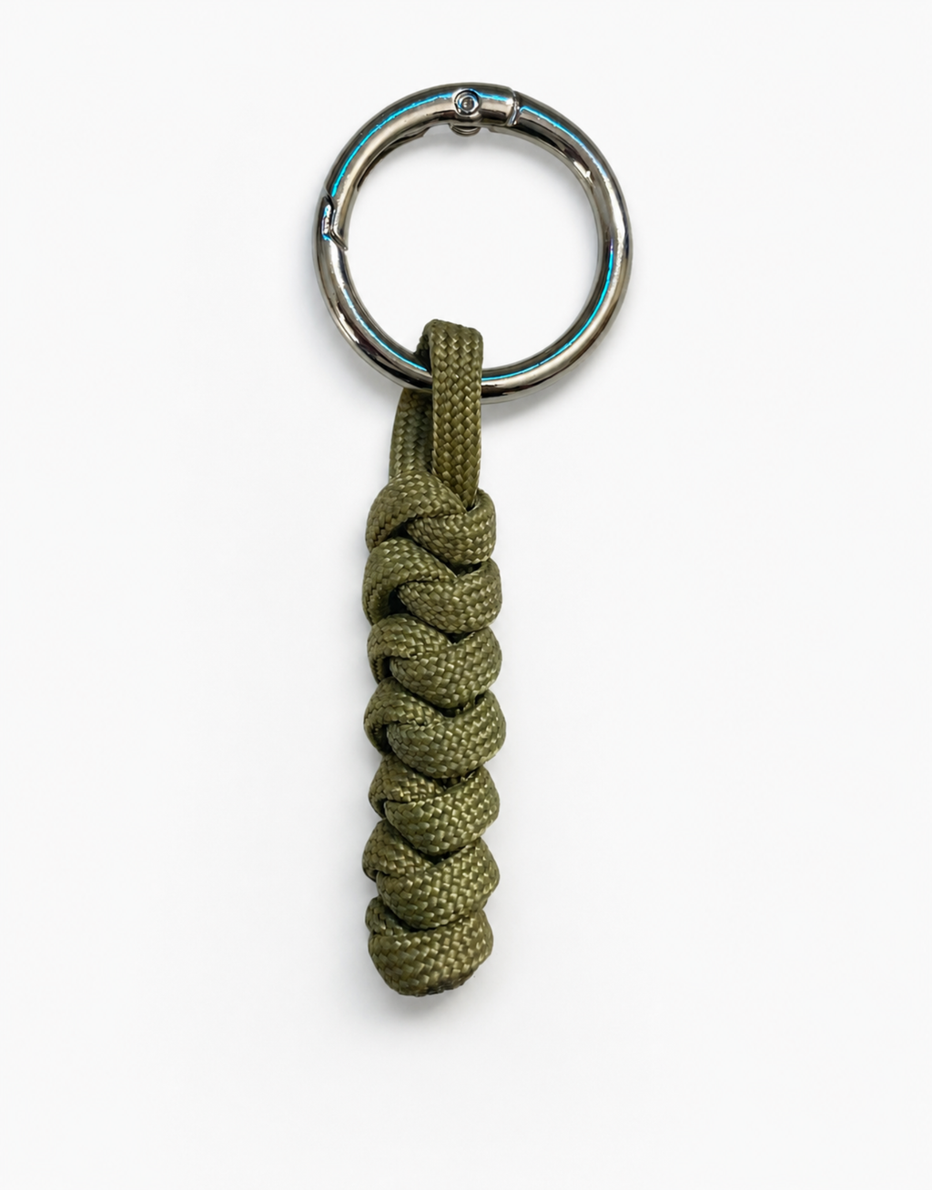 Lahar olive spiral paracord keychain with steel ring, handmade by Giraa, Pakistan