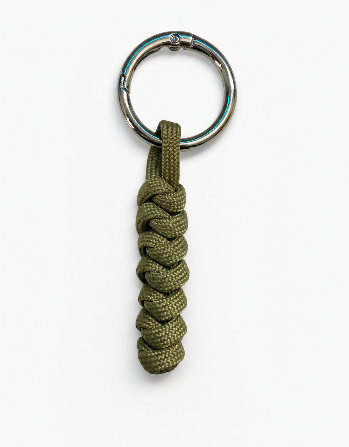Lahar olive spiral paracord keychain with steel ring, handmade by Giraa, Pakistan