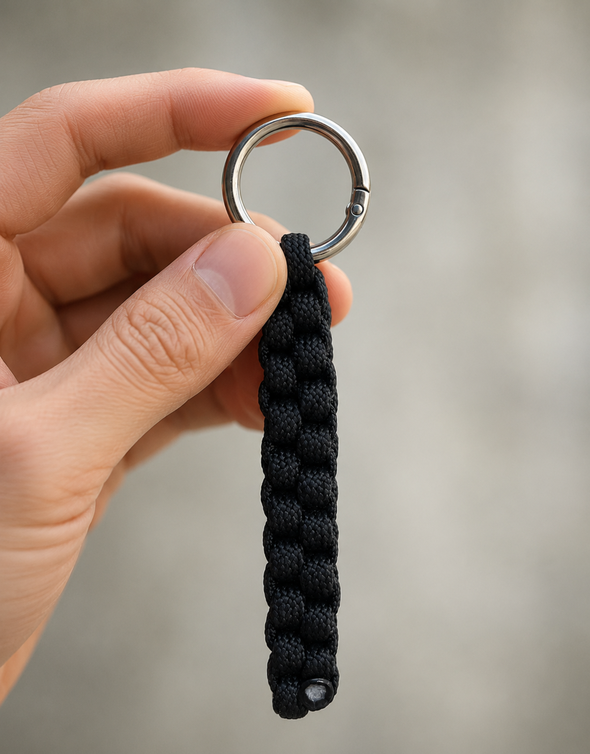 Hand holding the Saf black paracord keychain
