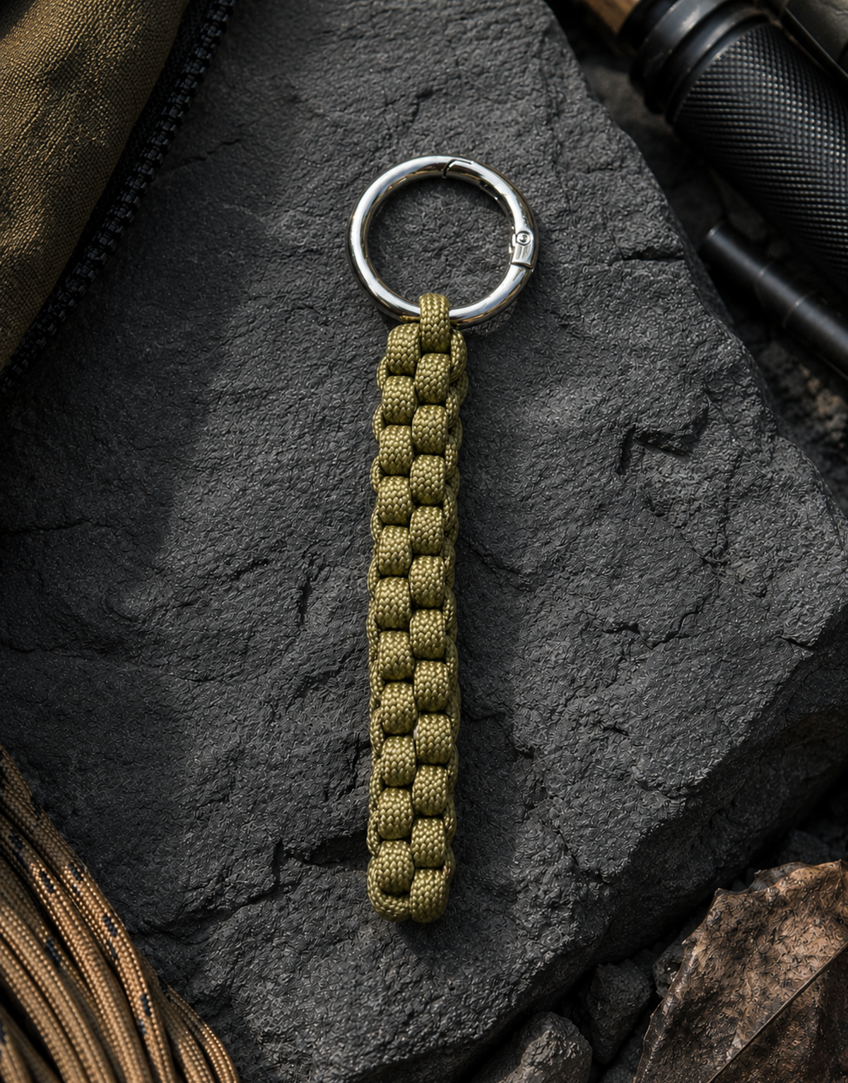 Saf olive paracord keychain on dark slate