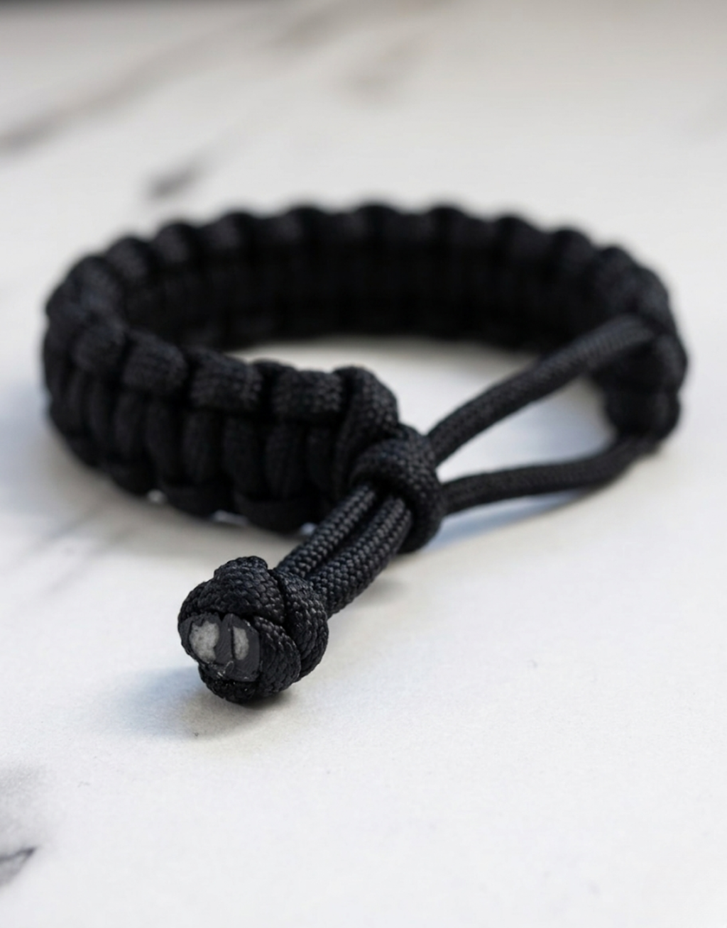 Aswad black paracord bracelet with sliding knot closure on white marble