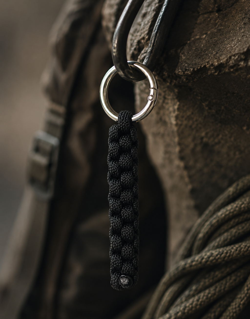 Saf black paracord keychain clipped to a bag