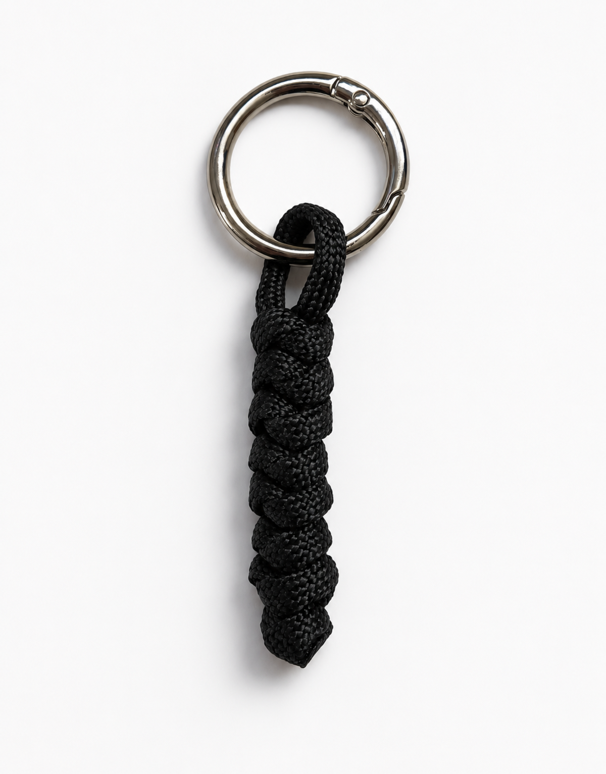 Lahar black spiral paracord keychain with steel ring, handmade by Giraa, Pakistan