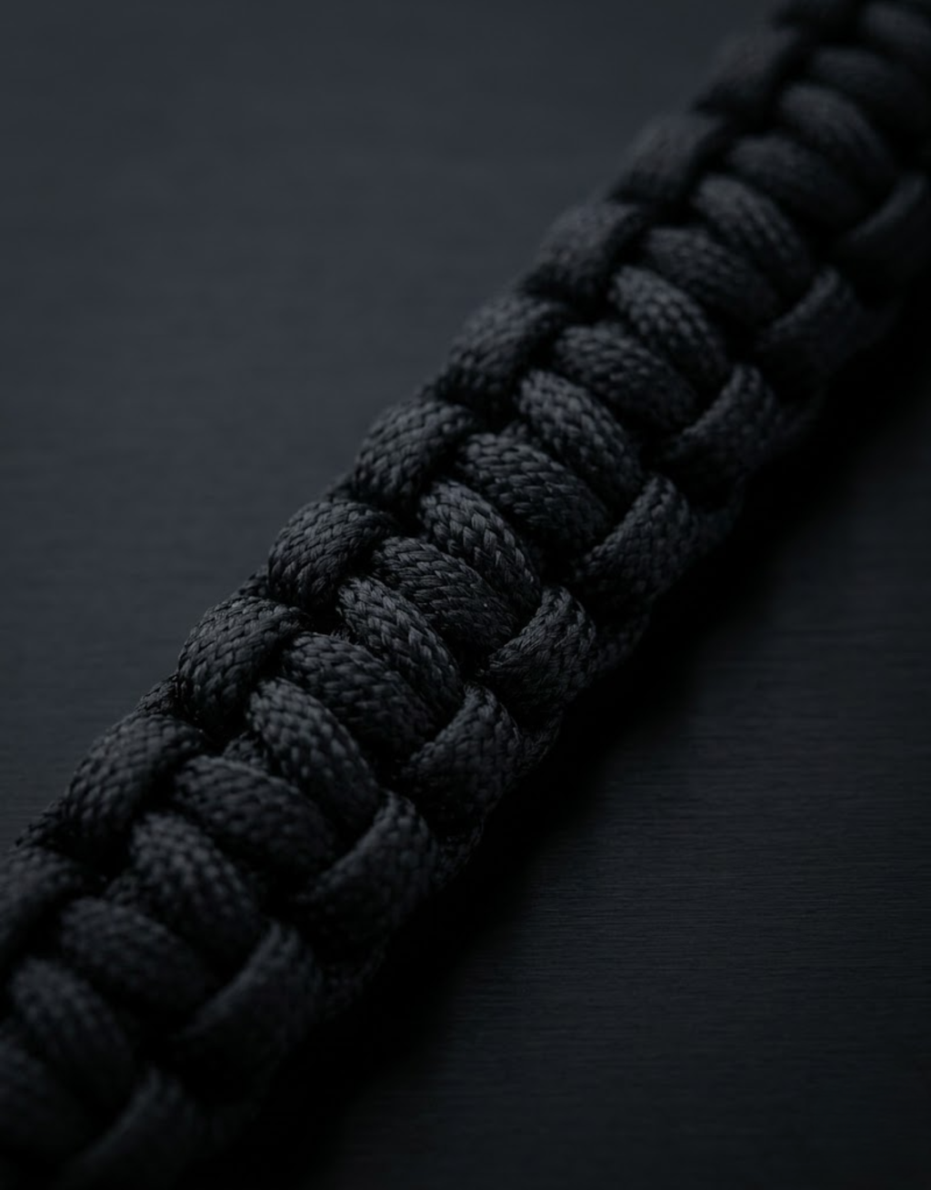 Diagonal macro of the tight black cobra weave on Aswad 550 paracord bracelet