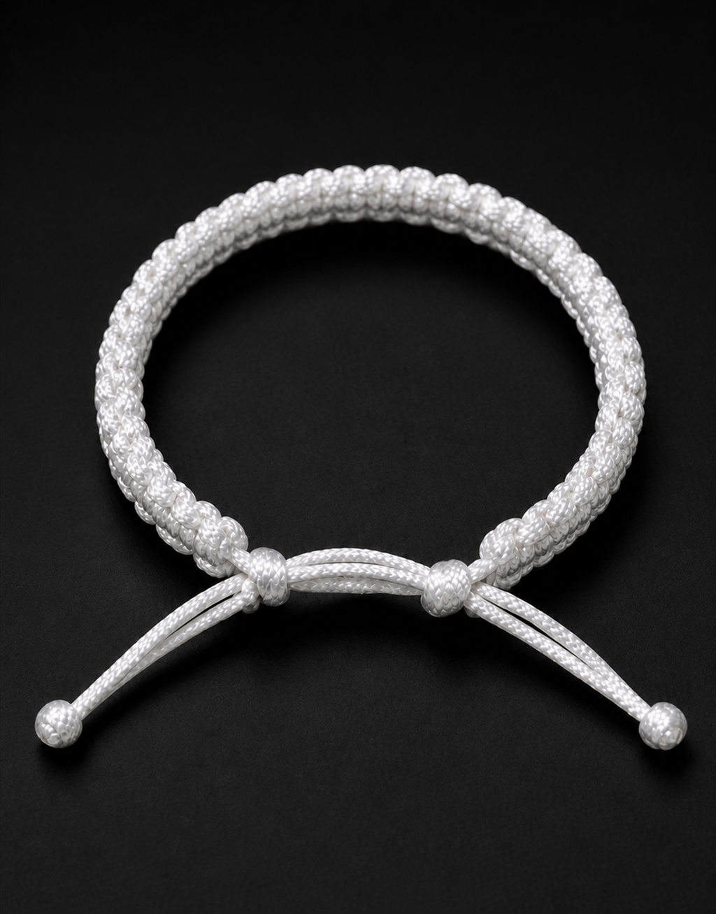 Durr white macrame bracelet on a black background