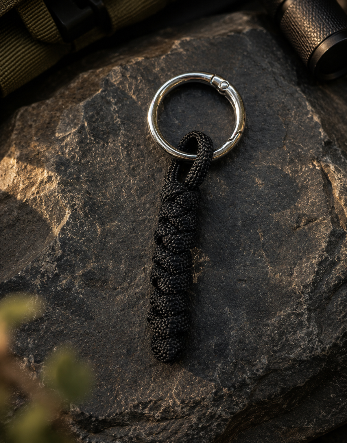 Lahar black spiral paracord keychain on dark slate