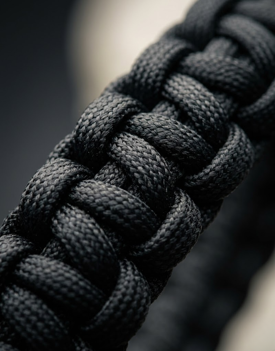 Close-up of the black cobra weave on the Aswad handmade paracord bracelet