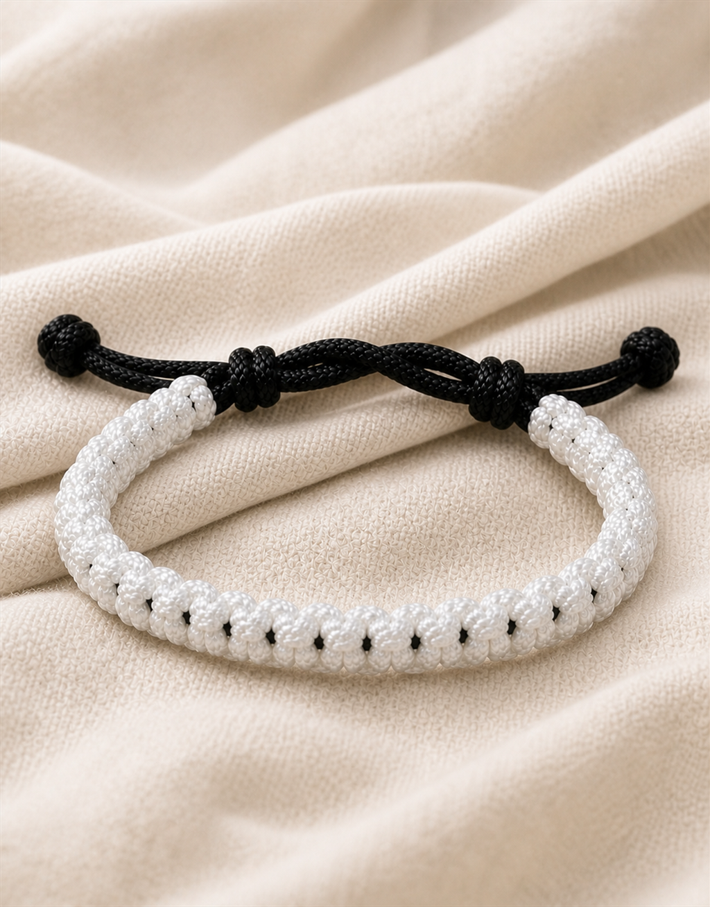 Qamar white and black macrame bracelet on linen