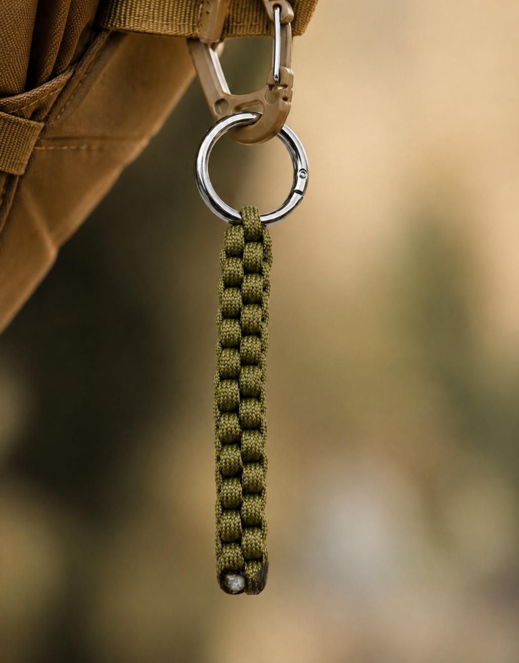Saf olive paracord keychain clipped to a tactical bag for everyday carry