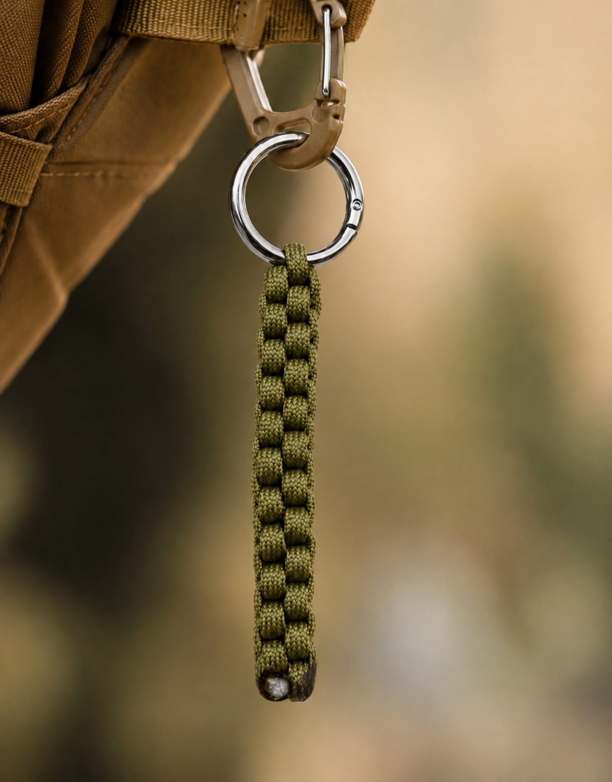 Saf olive paracord keychain clipped to a tactical bag for everyday carry