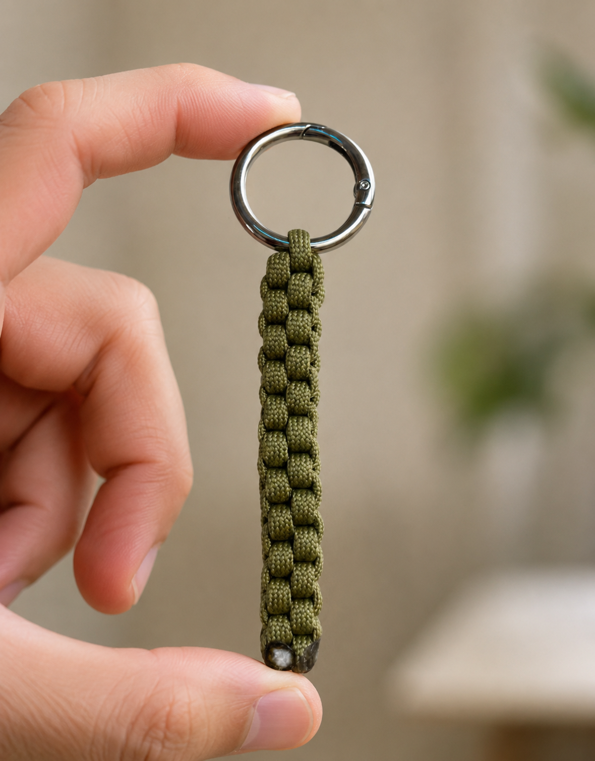 Hand holding the Saf olive paracord keychain to show its size