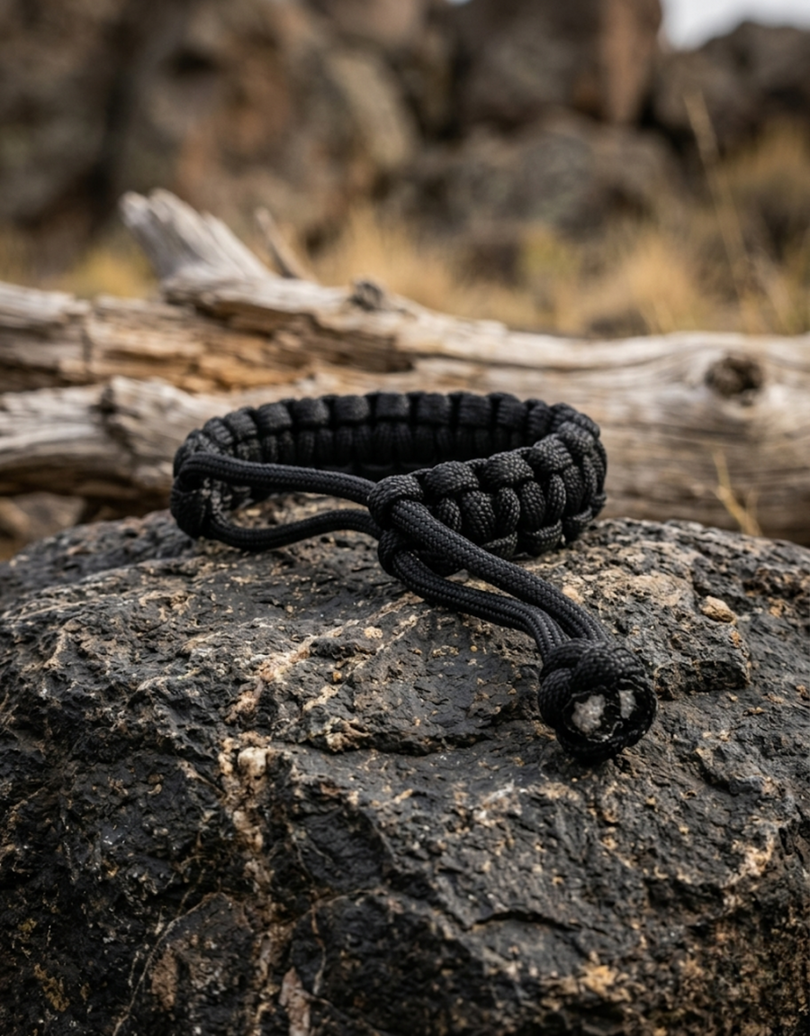Aswad black paracord bracelet on a rock outdoors