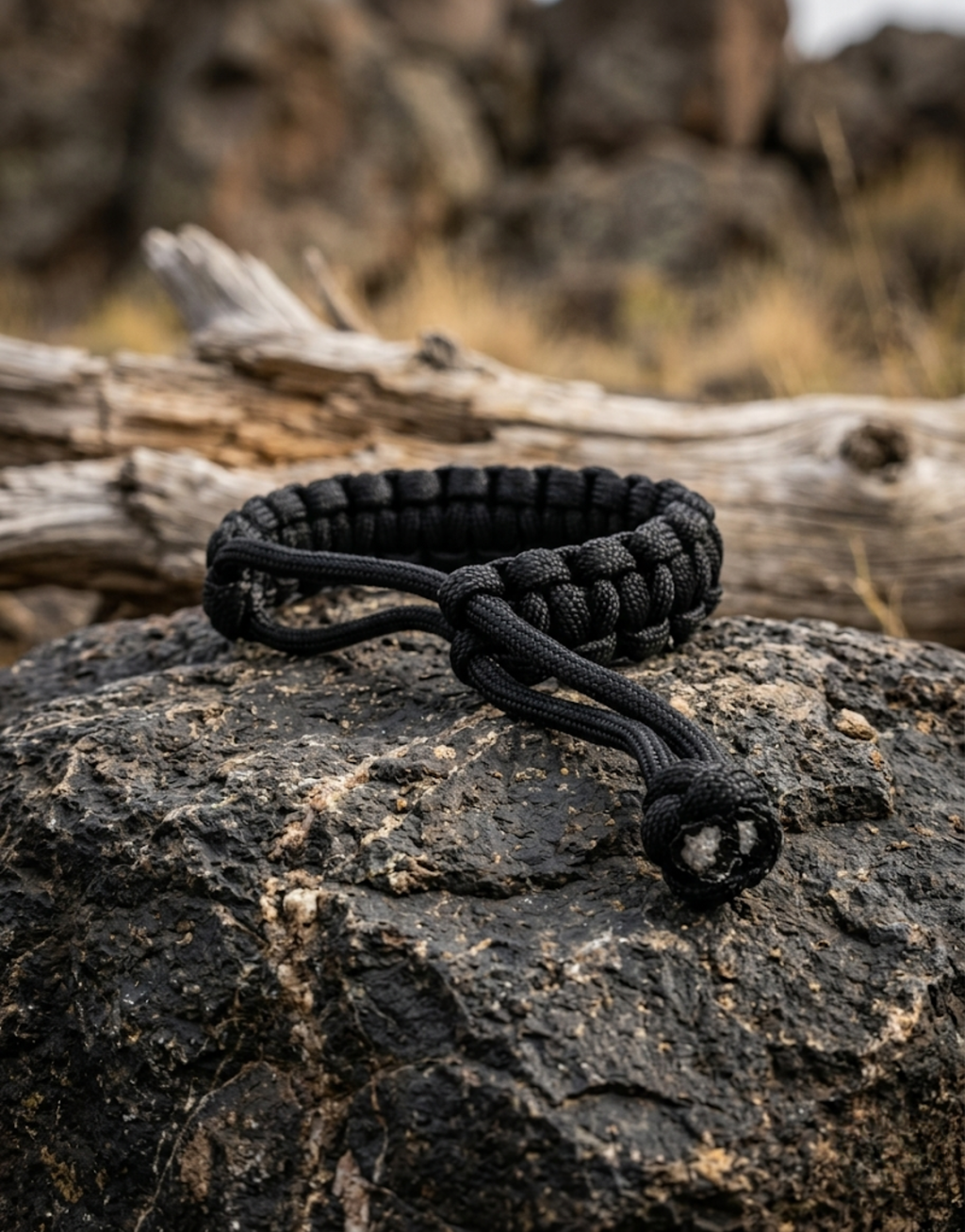 Aswad black paracord bracelet on a rock outdoors