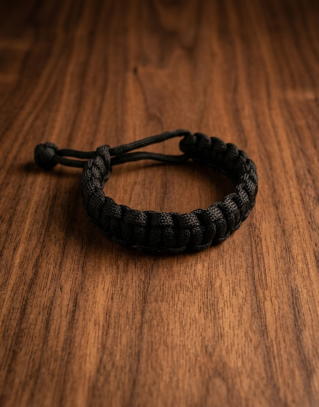 Handmade black paracord bracelet by Giraa on dark wood
