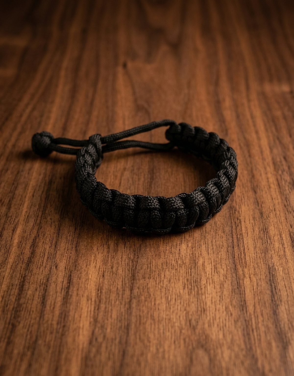 Handmade black paracord bracelet by Giraa on dark wood
