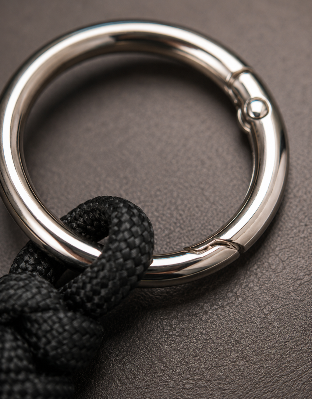 Steel ring on the Lahar black spiral paracord keychain