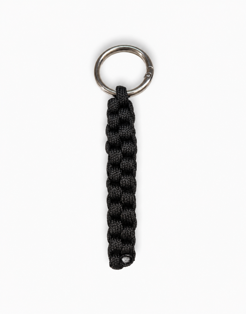 Saf black paracord keychain with box weave and stainless steel ring, handmade by Giraa, Pakistan