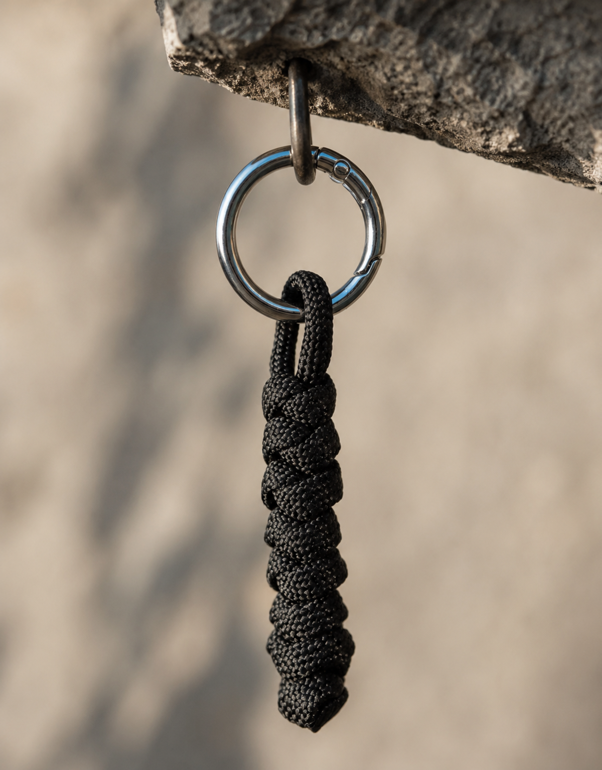 Lahar black spiral paracord keychain hanging from a rock ledge