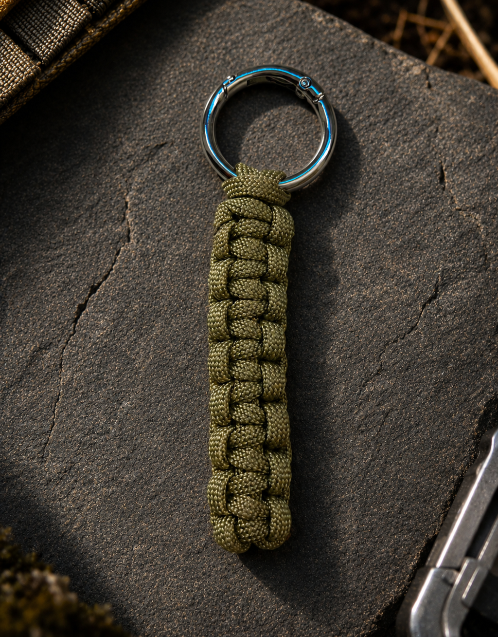 Naag olive cobra paracord keychain on a dark slate stone