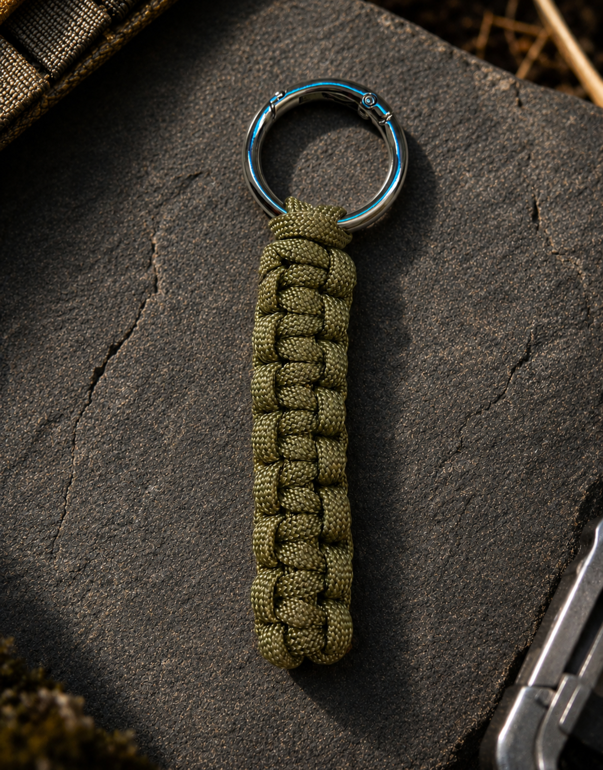 Naag olive cobra paracord keychain on a dark slate stone