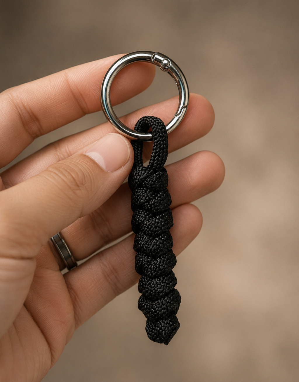 Hand holding the Lahar black spiral paracord keychain