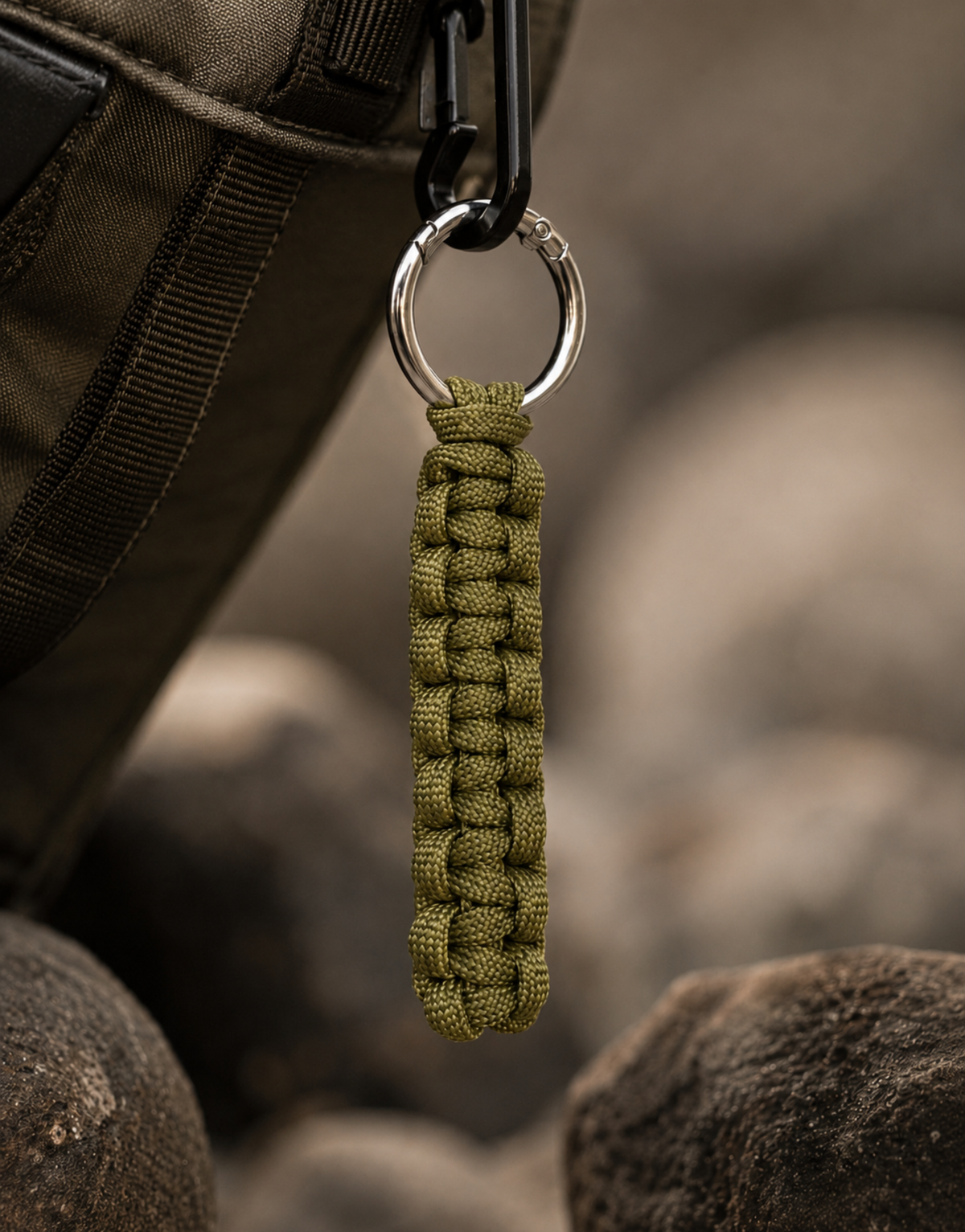 Naag olive paracord keychain clipped to a backpack strap