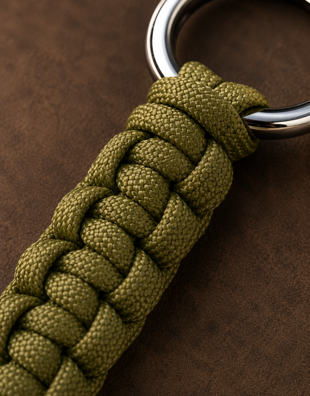 Macro of the olive cobra weave on the Naag paracord keychain
