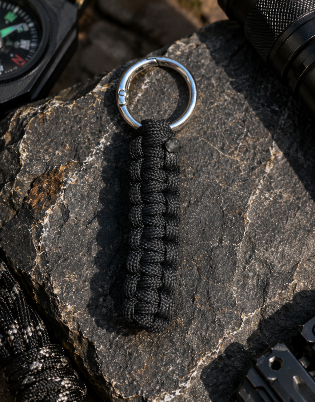 Naag black paracord keychain on slate with everyday carry gear