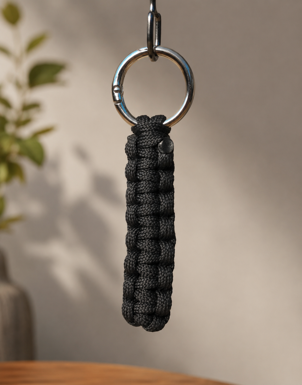Naag black cobra paracord keychain hanging in warm light