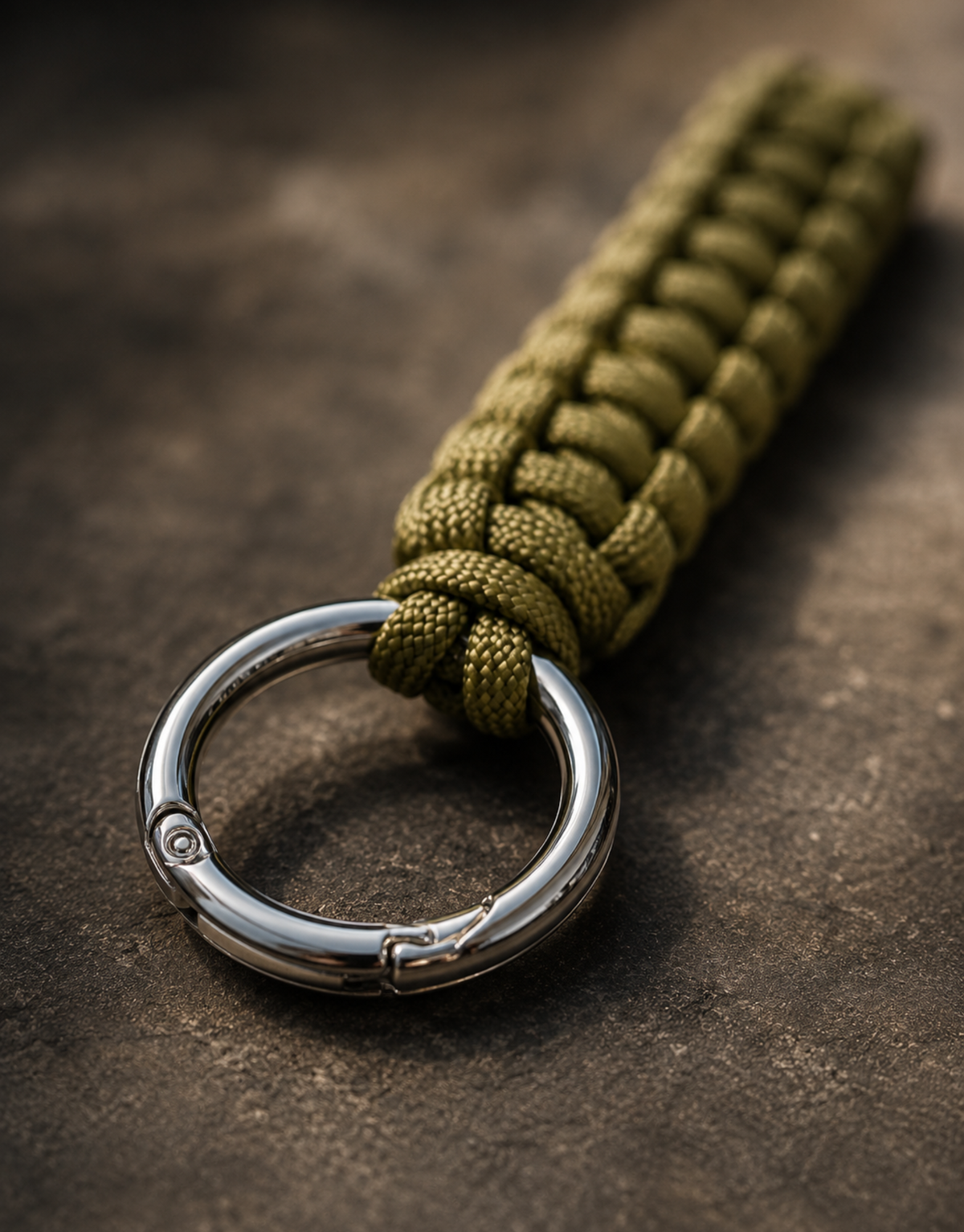 Steel ring and olive cobra weave on the Naag paracord keychain