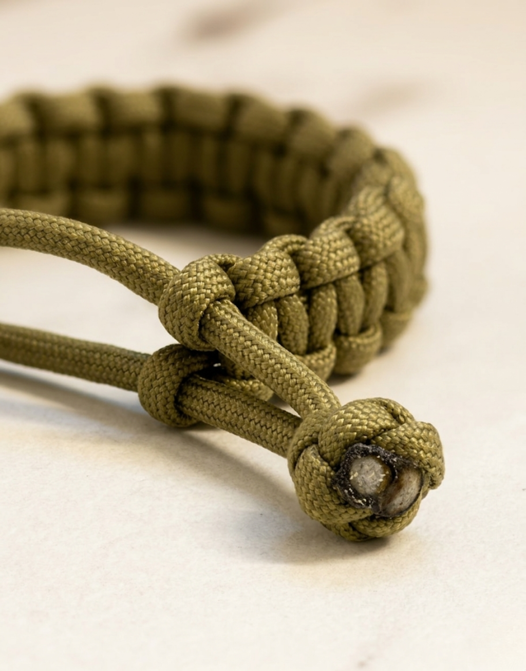 Adjustable sliding knot closure on the Zeytoon olive paracord bracelet