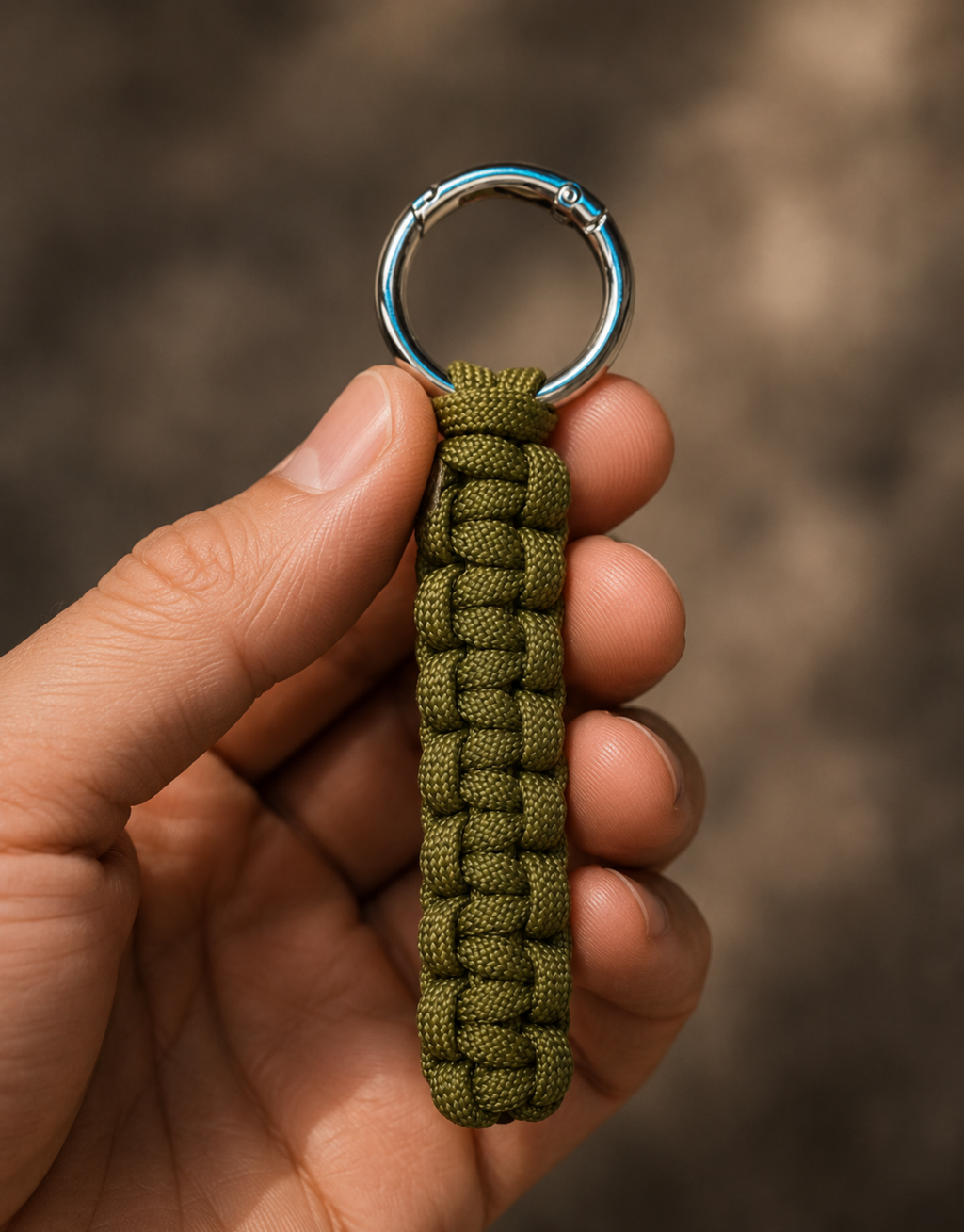 Hand holding the Naag olive cobra paracord keychain