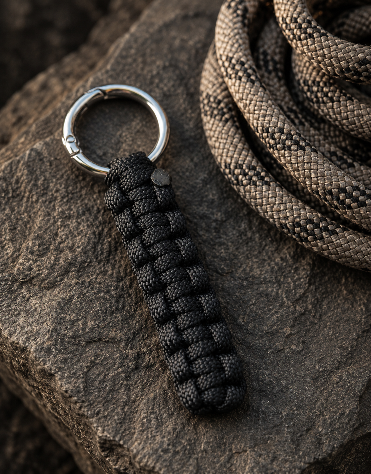 Naag black paracord keychain on a rock beside coiled rope