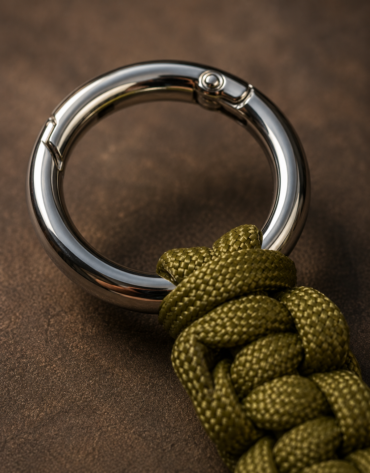 Close-up of the steel clasp ring on the Naag olive paracord keychain