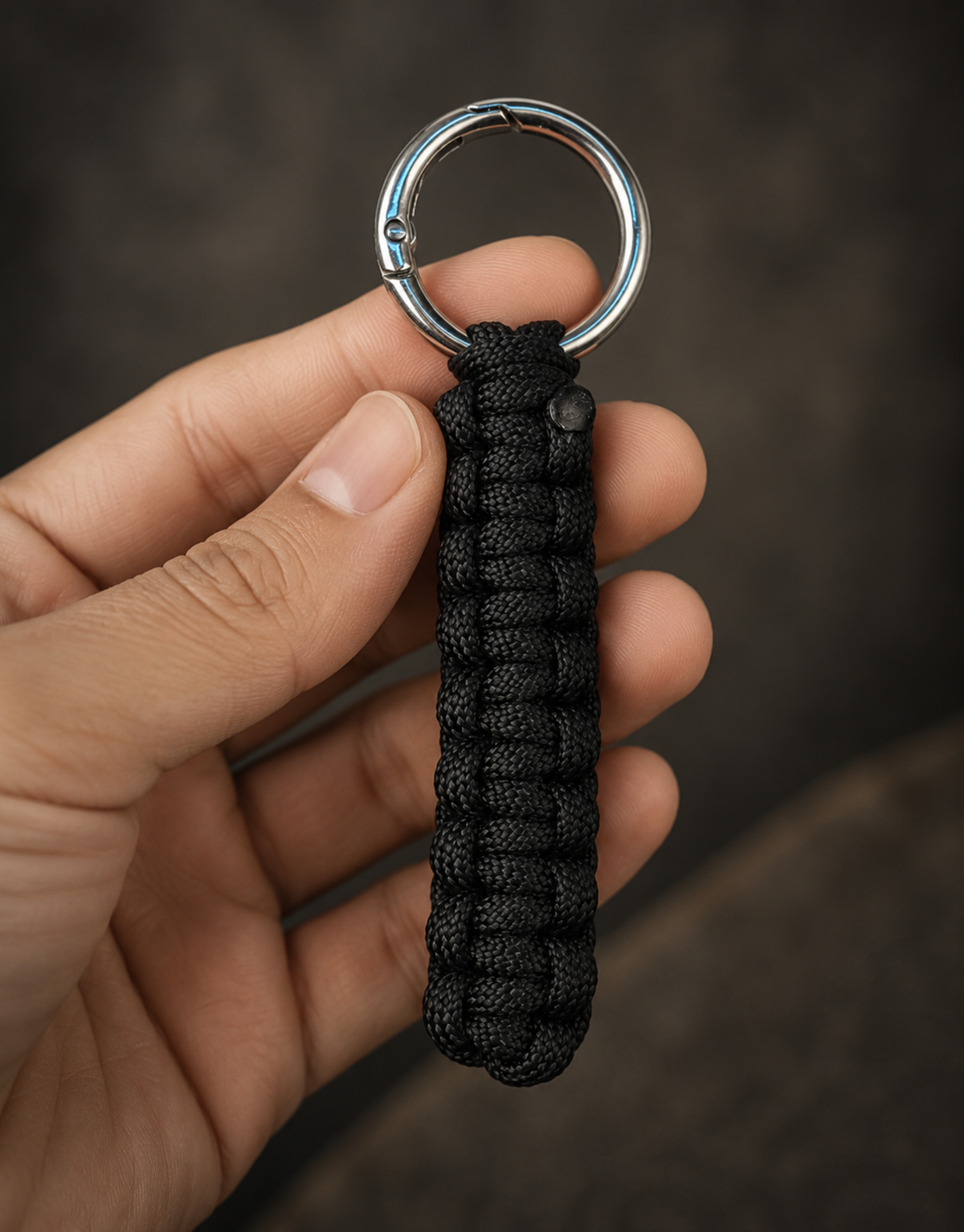 Hand holding the Naag black cobra paracord keychain