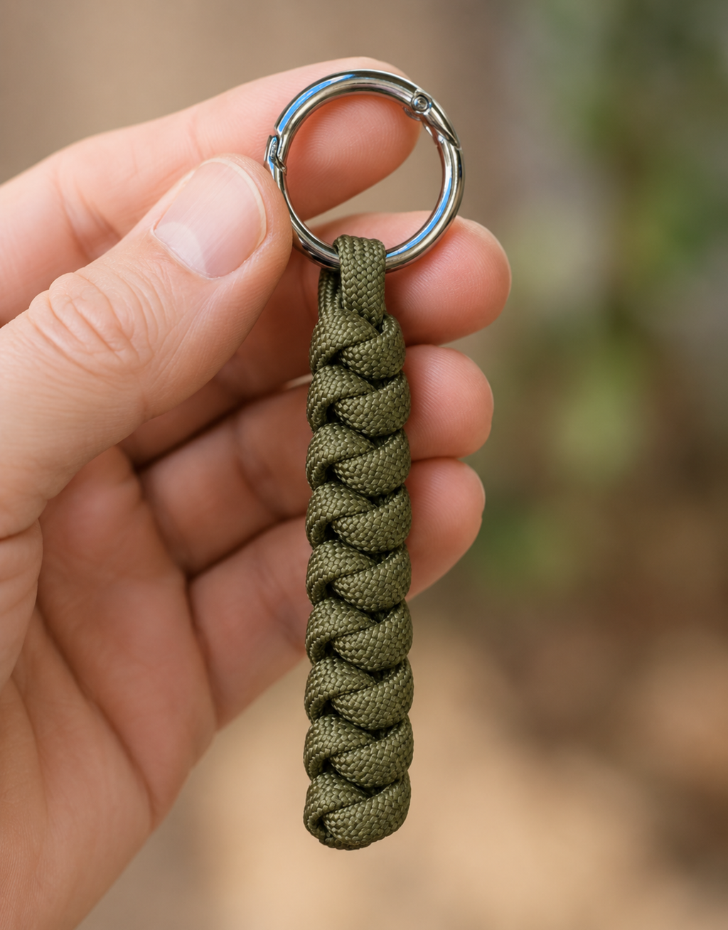 Hand holding the Lahar olive spiral paracord keychain