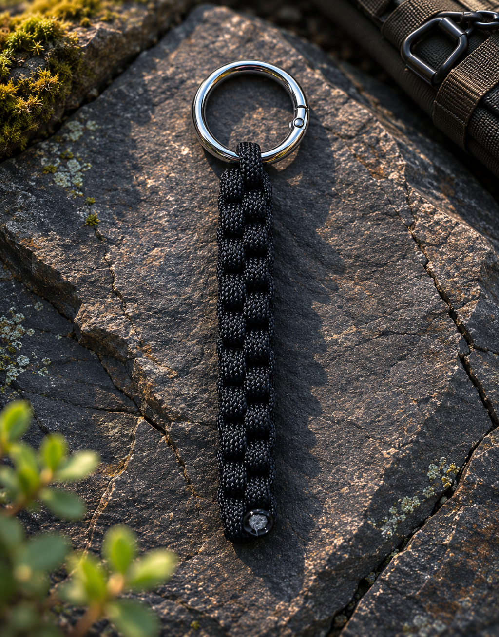 Saf black paracord keychain on a mossy rock